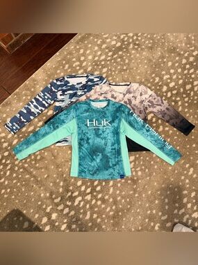 Bundle (3) Kids' Long- Sleeve Performance Rash Guards/Top, Huk Fishing. Size 7/8